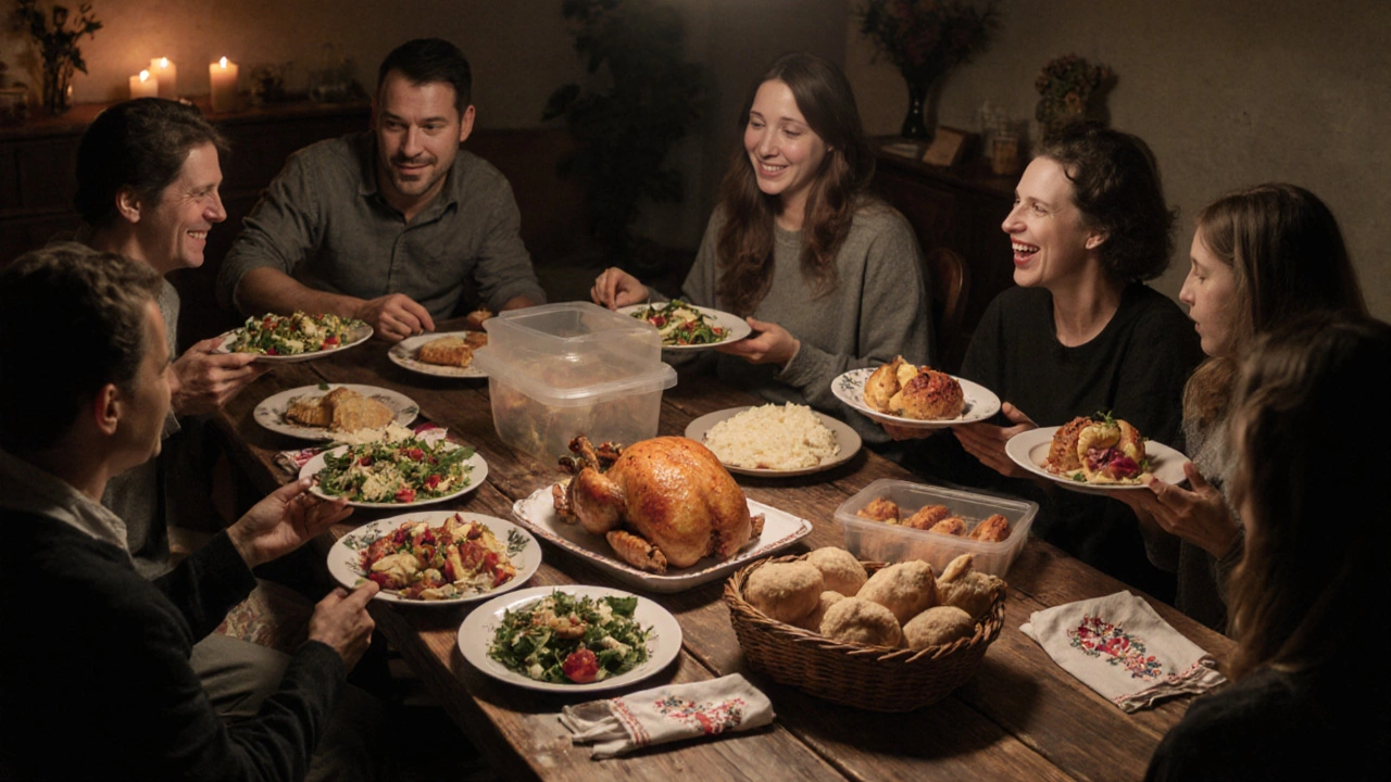 Маленький банкет из 8 человек с обильной, но сбалансированной едой и упаковкой остатков.