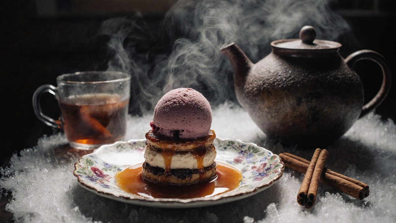 Медовик с карамелью и брусничным мороженым на керамической тарелке