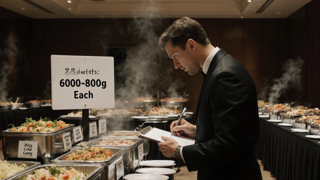 Организатор банкета рассчитывает порции еды на каждого гостя с помощью таблицы и контейнеров.