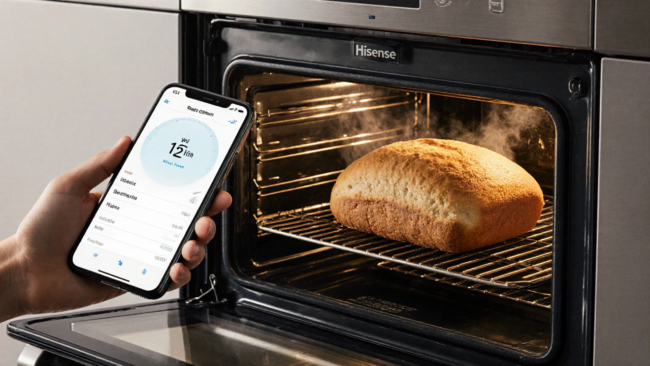 Открытая духовка Hisense HCE‑600 с хлебом и смартфоном, показывающим приложение.