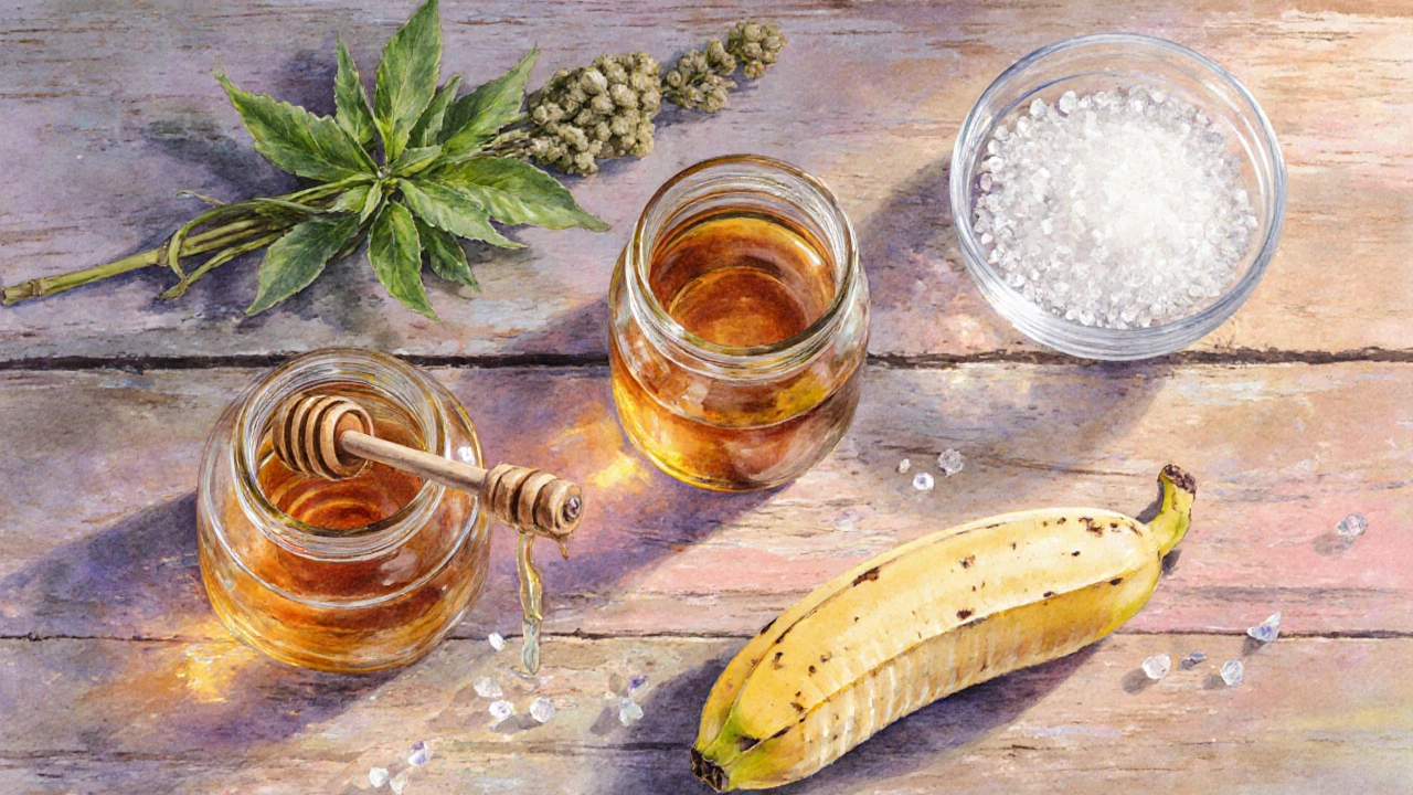 Пять заменителей сахара (мёд, стевия, кленовый сироп, банановое пюре, эритрит) на деревянном столе.