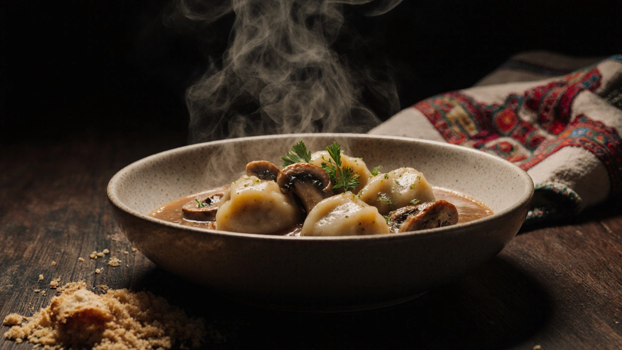 Пельмени с грибным соусом и трюфельным маслом, поданы горячими