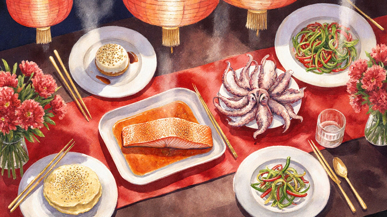 Праздничный стол с филе лосося, цельными кальмарами, золотым кунжутом, свободным омлетом и сладким болгарским перцем, одобренные для года Дракона.