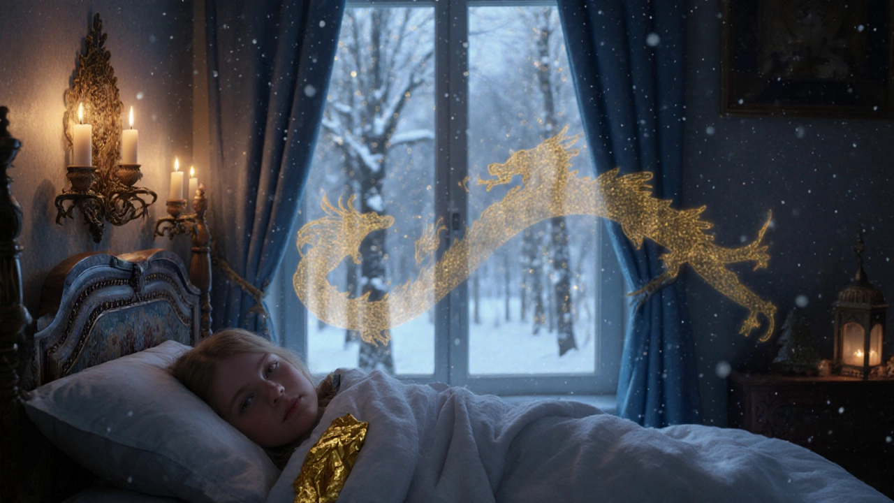 Ребенок спит, рядом — золотая фольга, а на стене — тени драконов от свечей в зимнюю ночь.