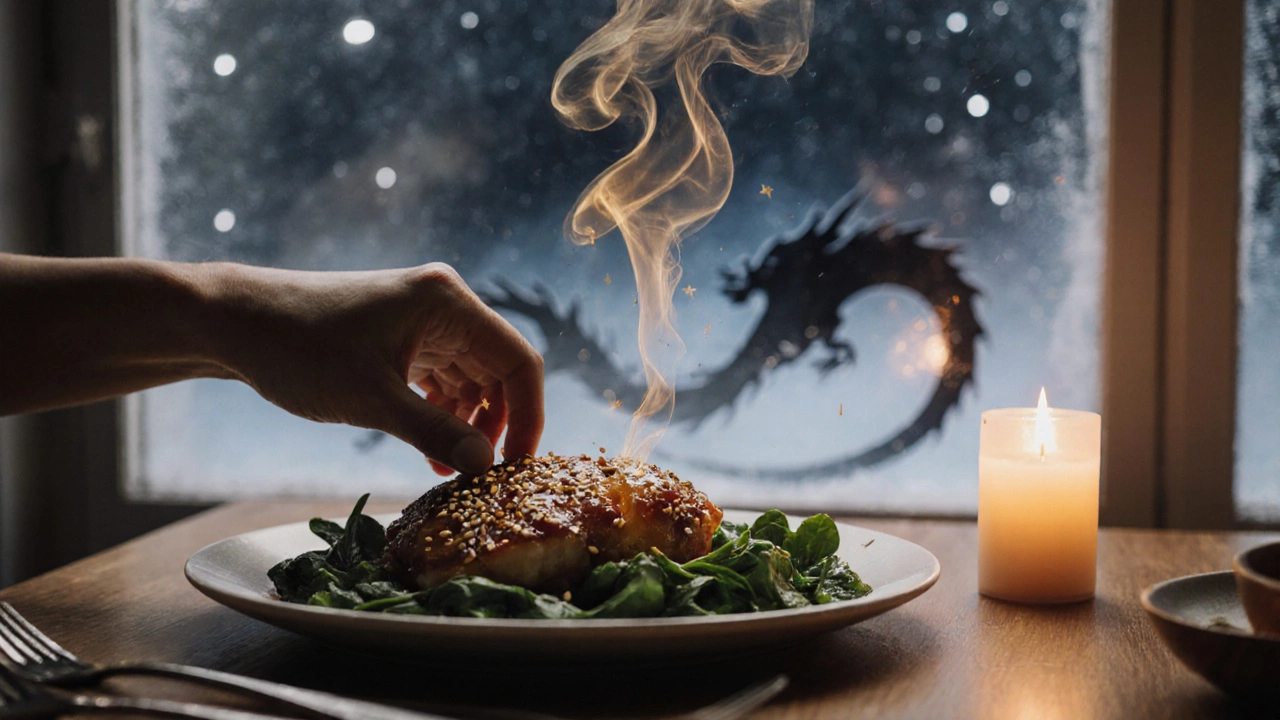 Рука кладет курицу на тарелку с шпинатом и кунжутом, а за ней — дым, превращающийся в хвост дракона.