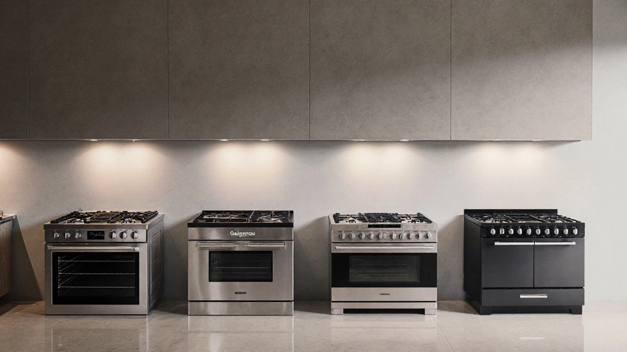 Сравнительная выставка четырёх премиальных плит: Bosch, Siemens, Gaggenau и Thermador.