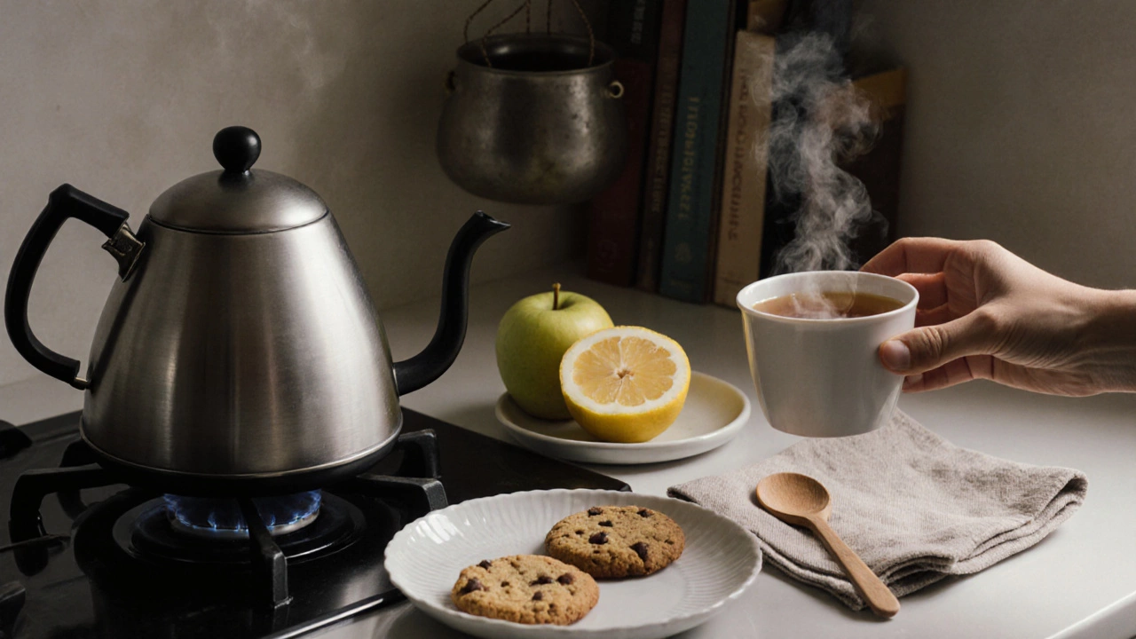 Быстрая чайная закуска: печенье, яблоко и лимон на тарелке рядом с чашкой и ложкой.