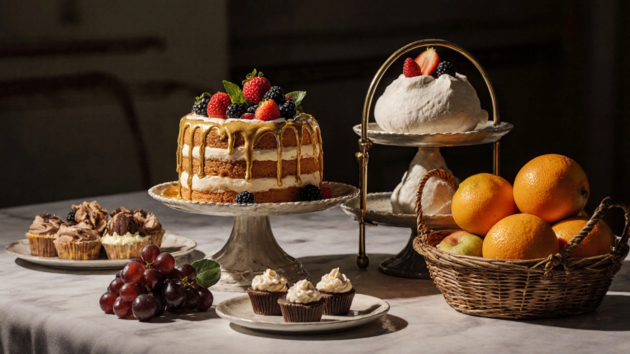 Десертная стойка с тортами, павловой, чизкейками и свежими фруктами на банкете.