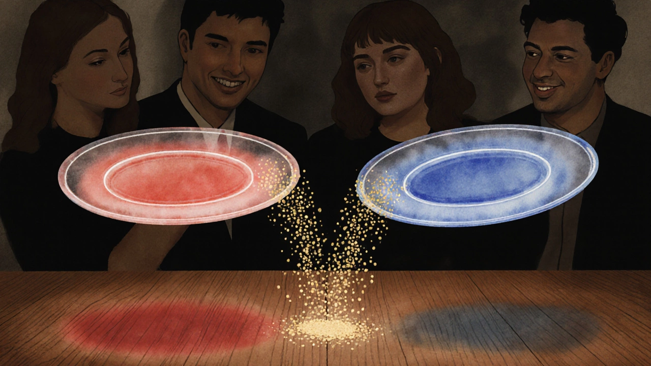 Две прозрачные тарелки: одна красная с едой, другая синяя — чистая, между ними поток пищи.