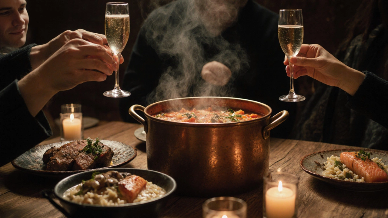 Гости за банкетным столом, подаётся борщ и вторые блюда: свинина, лосось, ризотто.