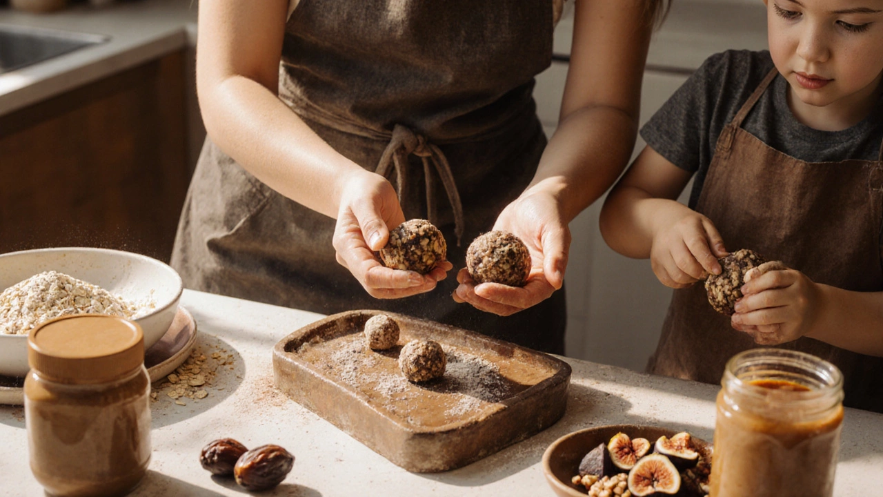Мама и ребёнок катят шарики из фиников и овсянки.