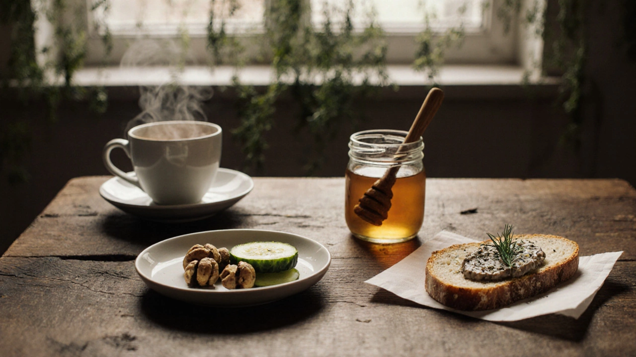 Миска с грецкими орехами в скорлупе, маринованные огурцы и хлеб с паштетом на салфетке.