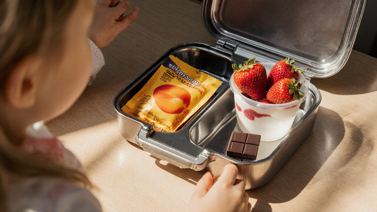 Открытая школьная ланч-коробка с полезными сладостями: курага, йогурт с ягодами и тёмный шоколад.