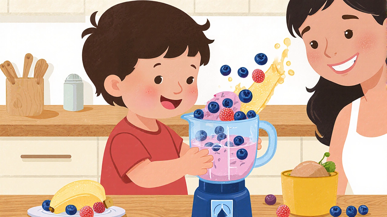 Ребёнок делает мороженое из замороженных ягод и банана в блендере.