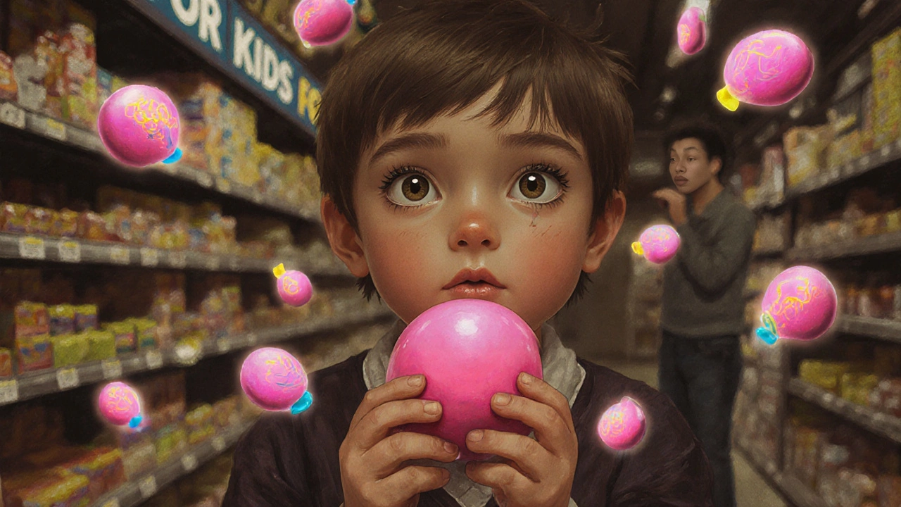 Ребёнок держит яркий мармелад, вокруг — токсичные красители в виде светящихся частиц.