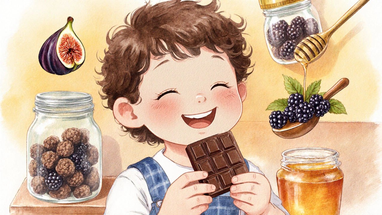 Ребёнок ест тёмный шоколад, вокруг него — натуральные ингредиенты: мёд, инжир и черника.