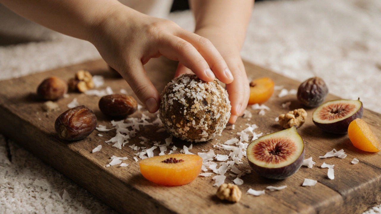 Ребёнок лепит энергетические шарики из фиников и орехов.