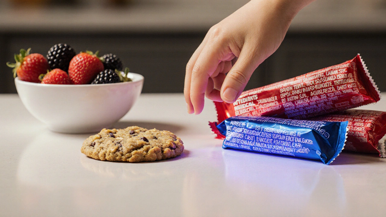 Ребёнок выбирает между вредной сладостью и натуральными фруктами на кухне.