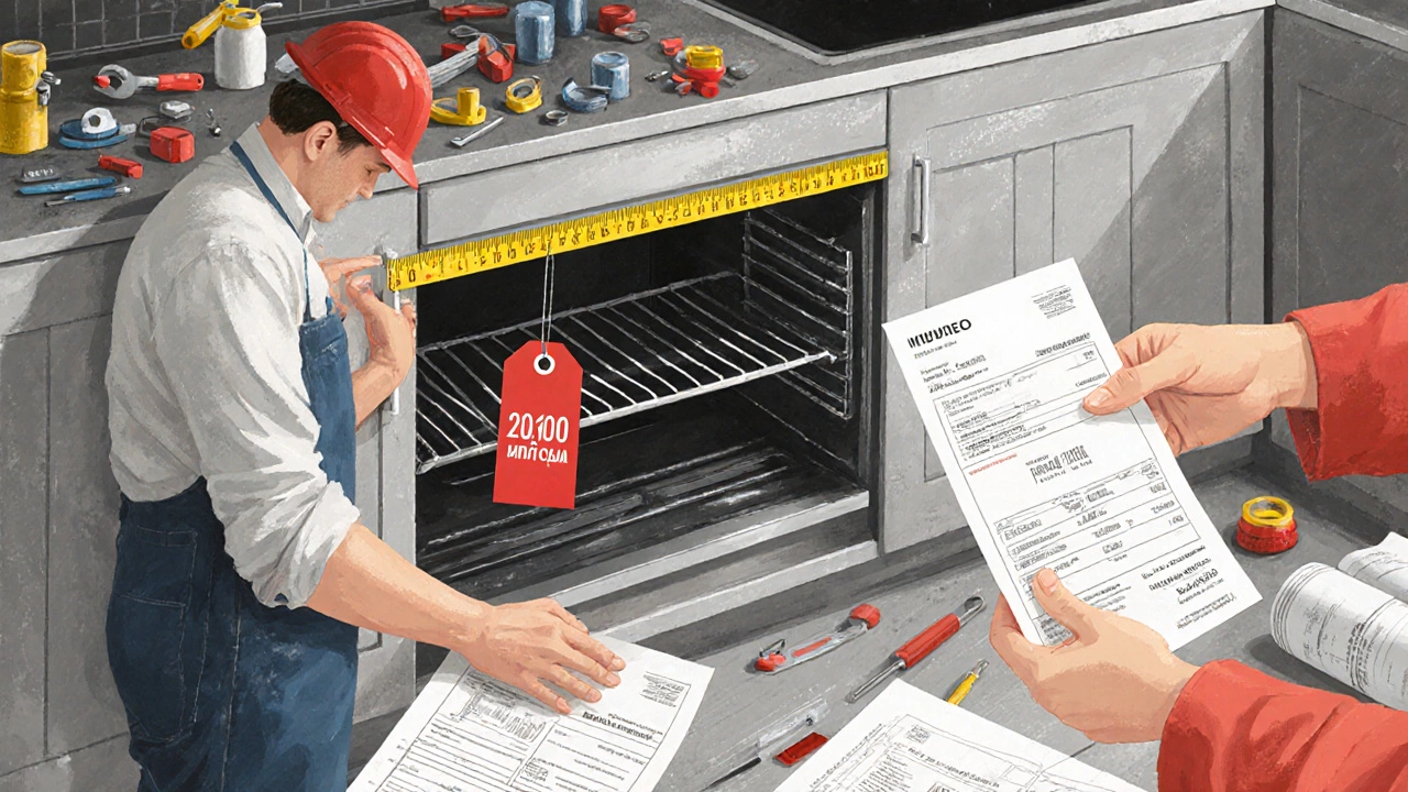 Ремонт кухни: мастер измеряет нишу для встраиваемой печи, в руках — две цены на технику.