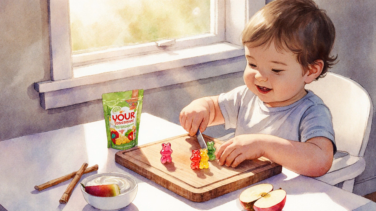 Родитель режет мишку на кусочки, рядом — безопасные альтернативы.