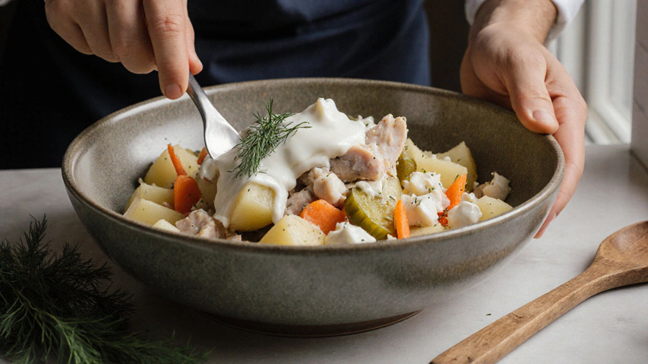 Руки готовят классический салат Оливье с картофелем, морковью, яйцами и майонезом в керамической миске.