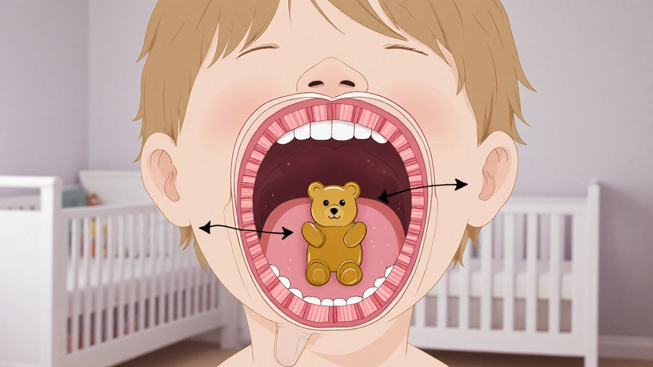 Схема дыхательных путей ребёнка, заблокированных жевательным мишкой.