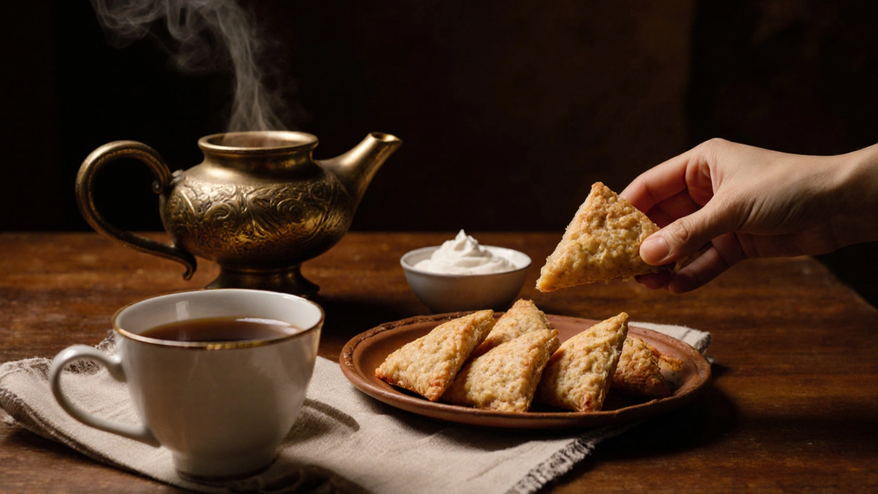 Татарские пирожки эчпочмак с сметаной и чашка чая на керамической тарелке.
