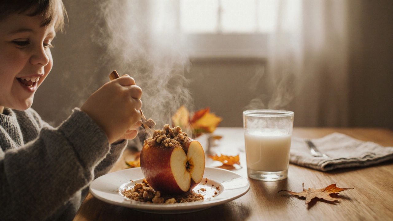 Запечённое яблоко с корицей и грецкими орехами на деревянном столе.