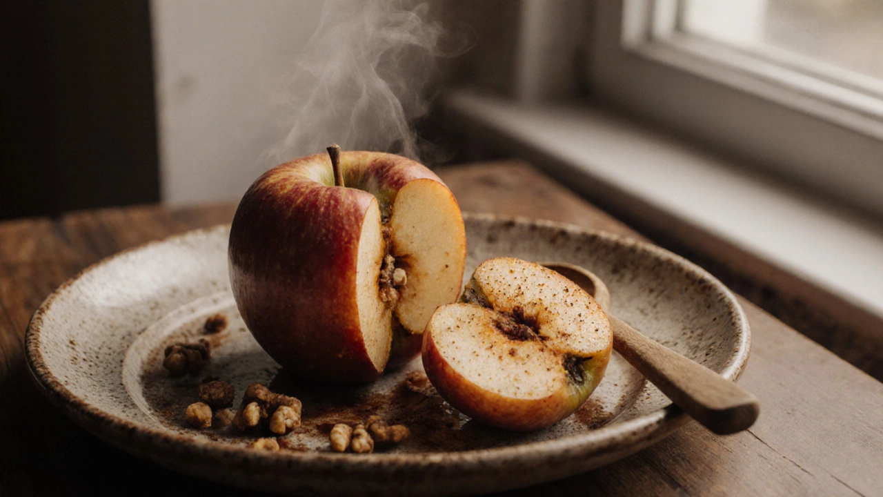 Запечённые яблоки с корицей и грецкими орехами на керамической тарелке.