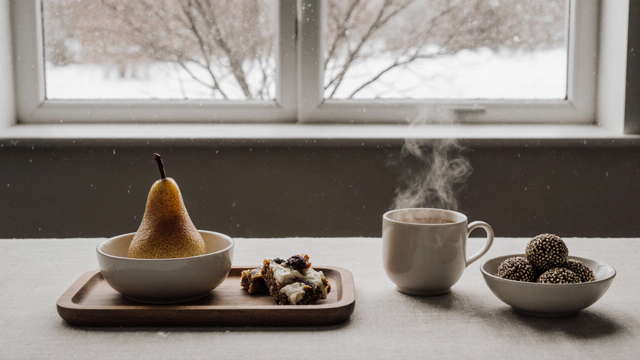 Запеченные груши с медом, ореховые батончики и творожные шарики на минималистичном столе.