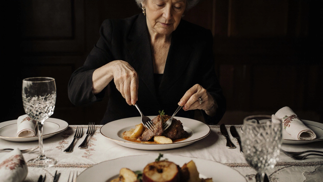 Женщина перекладывает утку с яблоками с подающей тарелки на тарелку для еды.