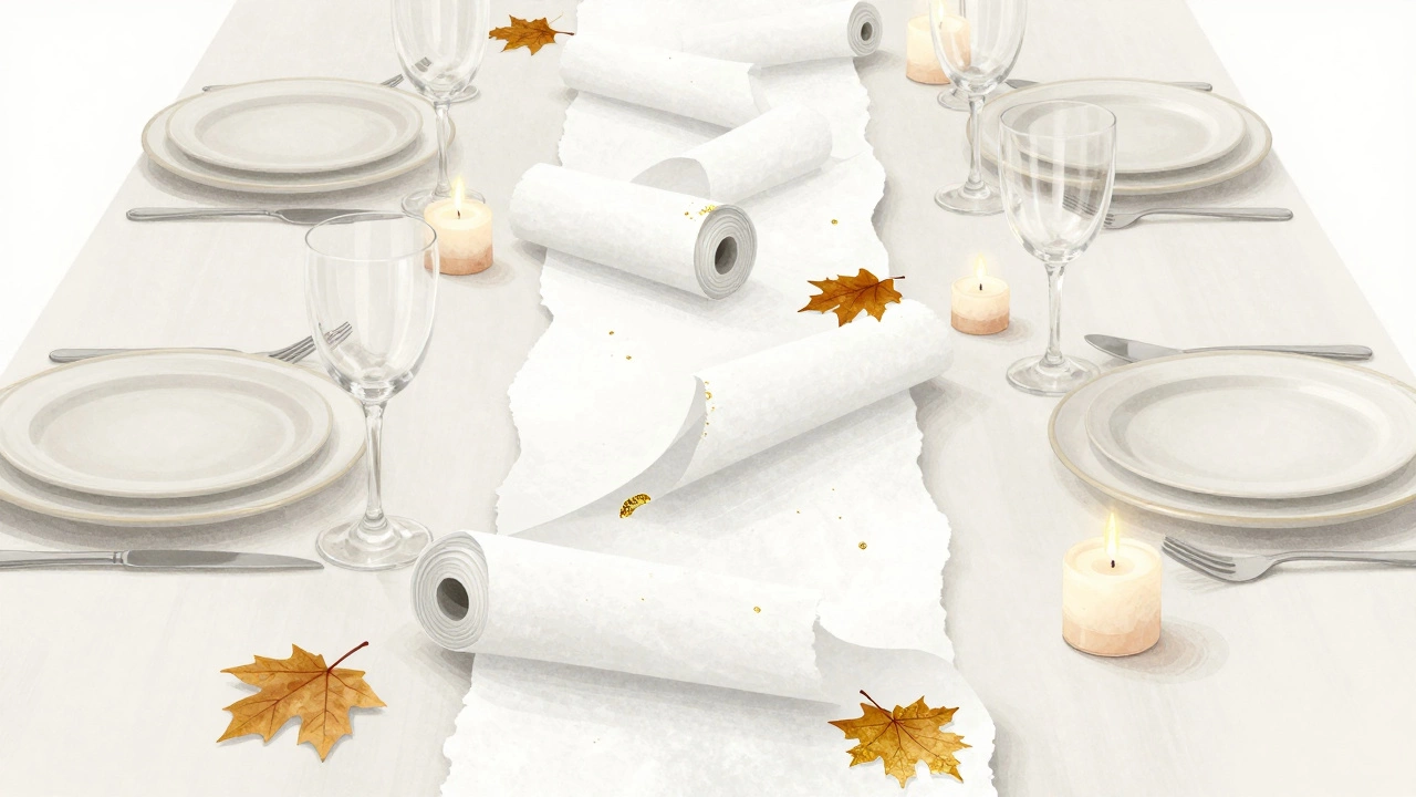 Белая бумажная лента по центру стола с золотыми акцентами и свечами