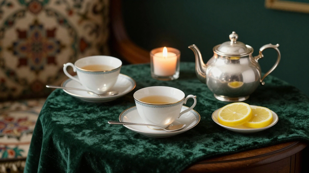 Чайный сервиз на деревянном столе: чашки, лимон на блюдце, ложка на блюдце ручкой к зрителю.