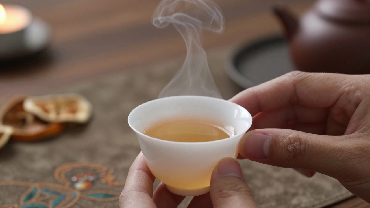 Два пальца легким ударом касаются края тонкой китайской чашки с горячим чаем, на фоне — пар и свечной свет.