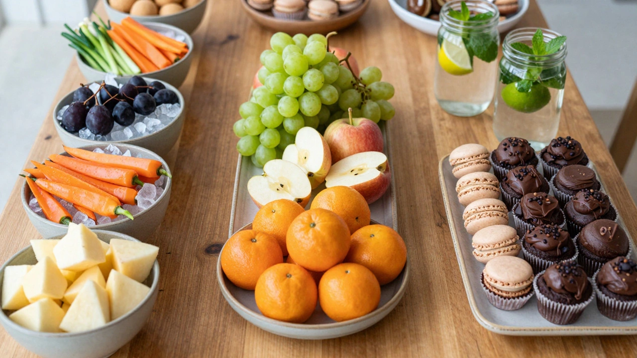 Фрукты, десерты и напитки на фуршетном столе без людей