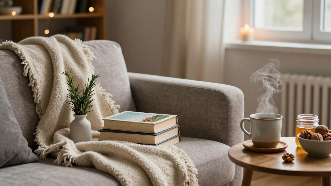 Мягкий диван с пледом, книгами и веточкой розмарина в вазе — тихий уголок для отдыха гостей.