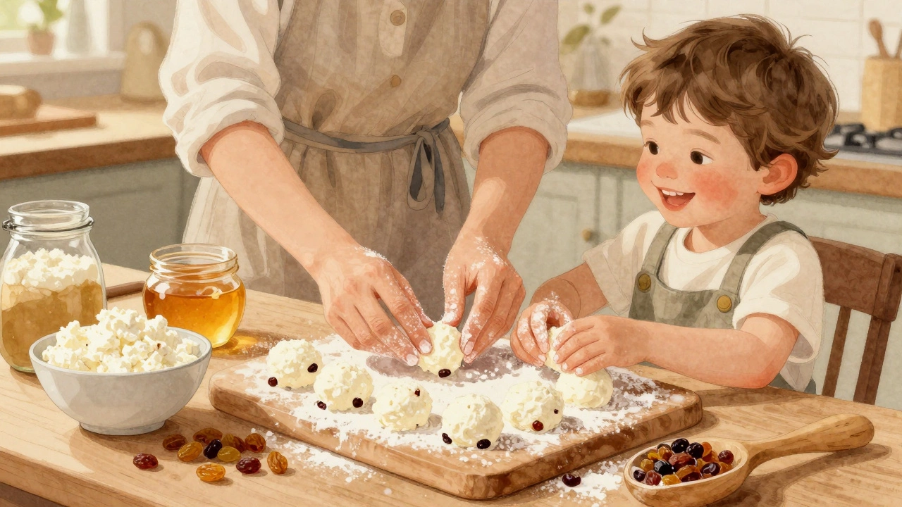 Мама и ребёнок готовят творожные шарики с изюмом