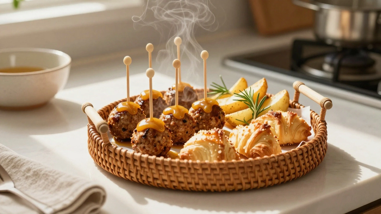 Мини-фрикадельки и картофельные ломтики на шпажках с соусом