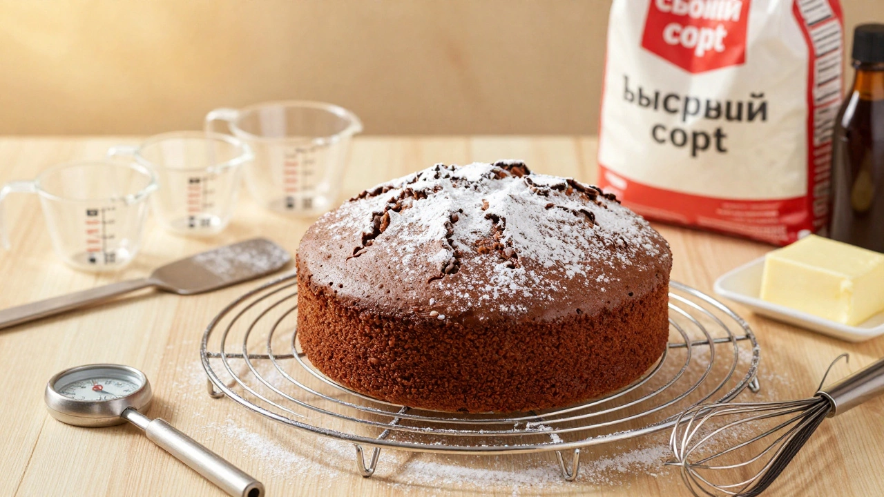 Простой шоколадный кекс охлаждается на решетке, рядом — инструменты для выпечки.