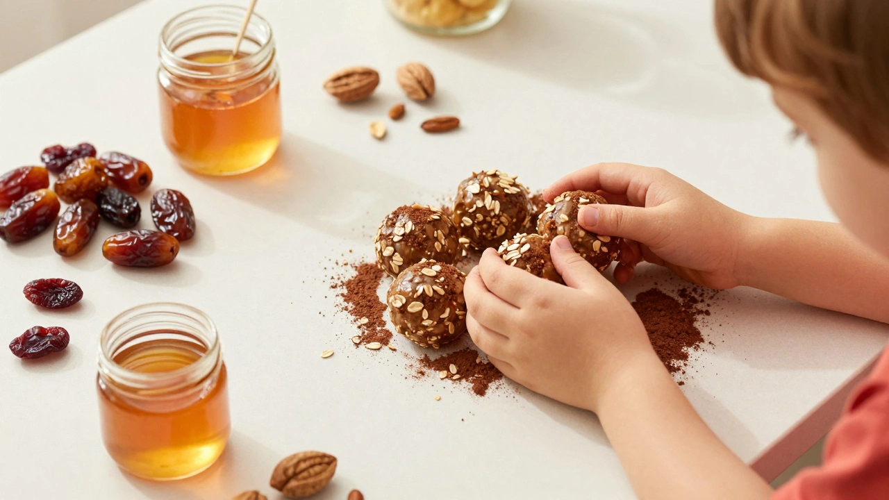 Ребёнок лепит энергетические шарики из фиников, овсянки и ореховой пасты.