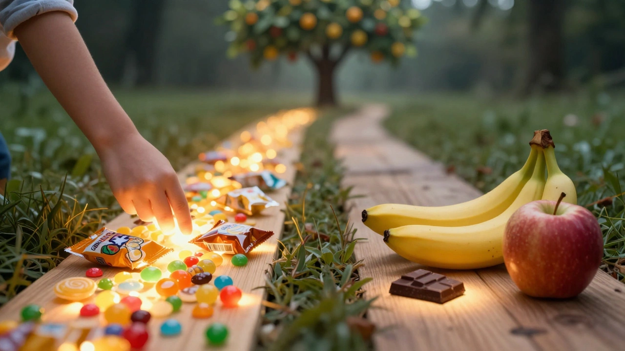 Ребёнок выбирает между сладостями и фруктами — символический путь