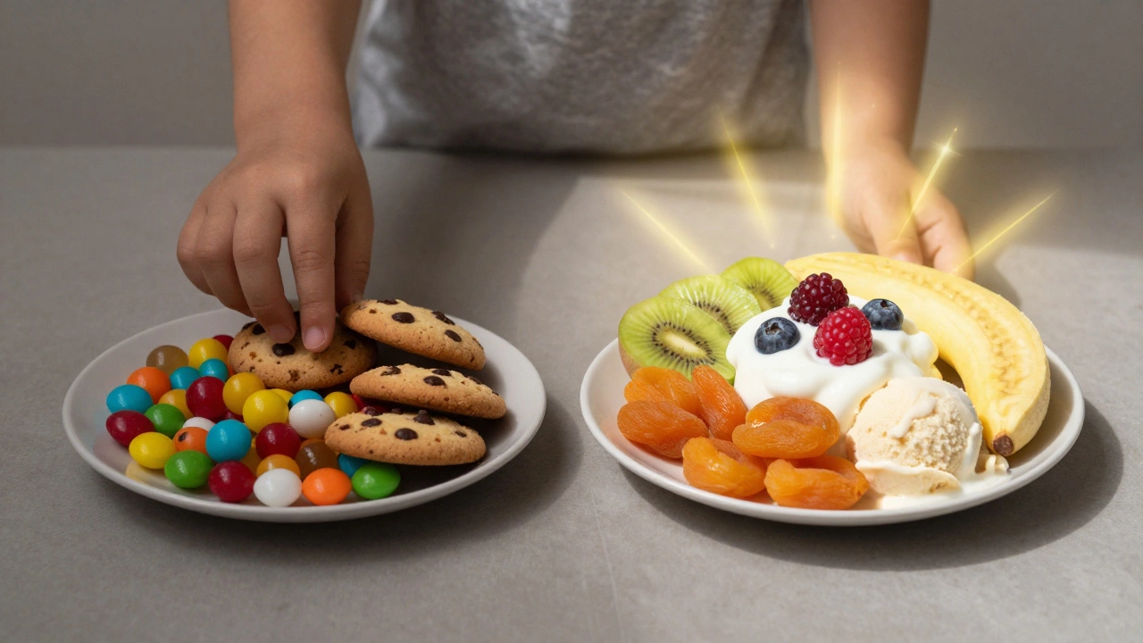 Ребёнок выбирает между сладостями и фруктами — здоровая еда светится.