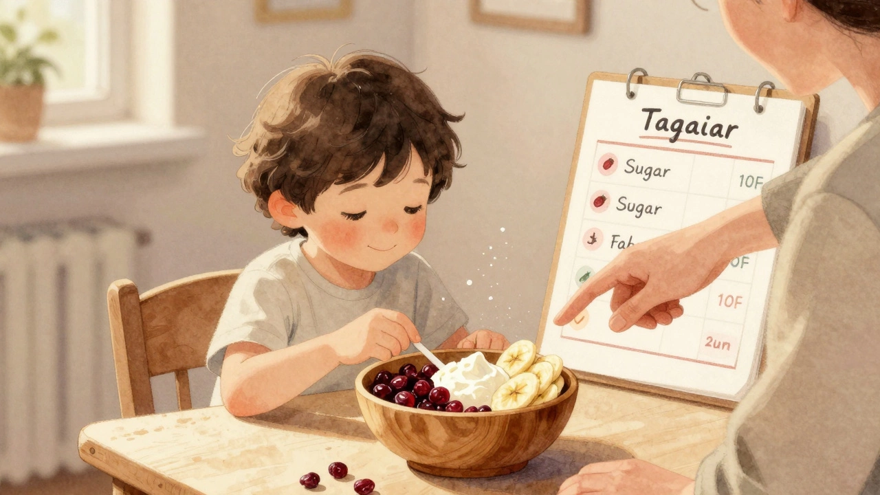 Ребёнок выбирает здоровый десерт из натуральных продуктов в уютной обстановке