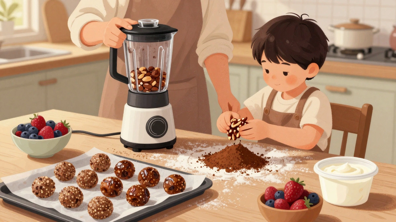 Родитель и ребёнок вместе готовят энергетические шарики из фиников и какао.