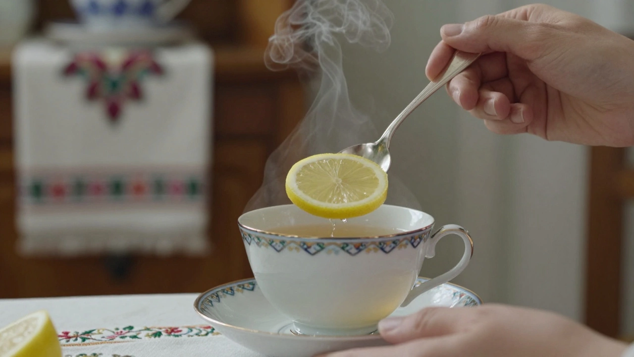 Рука ложкой опускает лимон в чай, не мешая, пар поднимается от напитка.