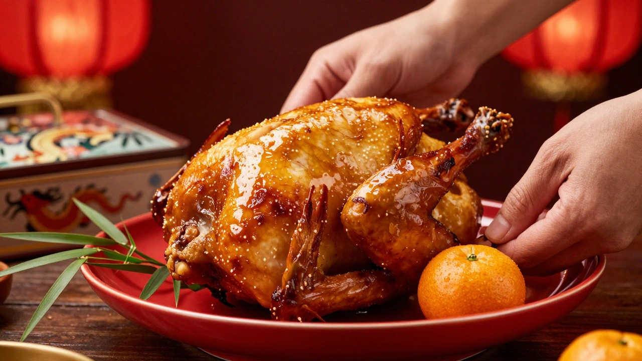 Руки кладут целую золотистую курицу на красную тарелку с мандарином и веточкой бамбука.