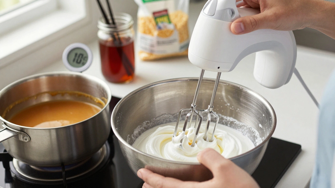 Руки взбивают белки с сахаром, рядом термометр показывает температуру карамели.