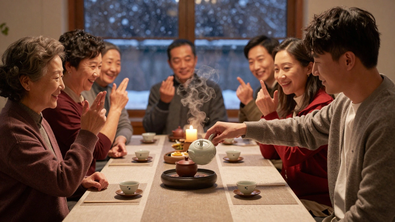 Семейный вечер: кто-то наливает чай, другой благодарит стуком пальцев — уют, свечи и снег за окном.