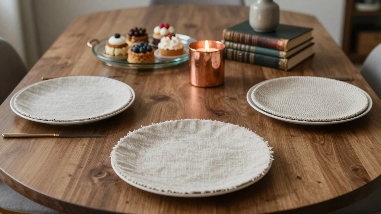 Тканевые круги под тарелками и стопка книг на столе без скатерти