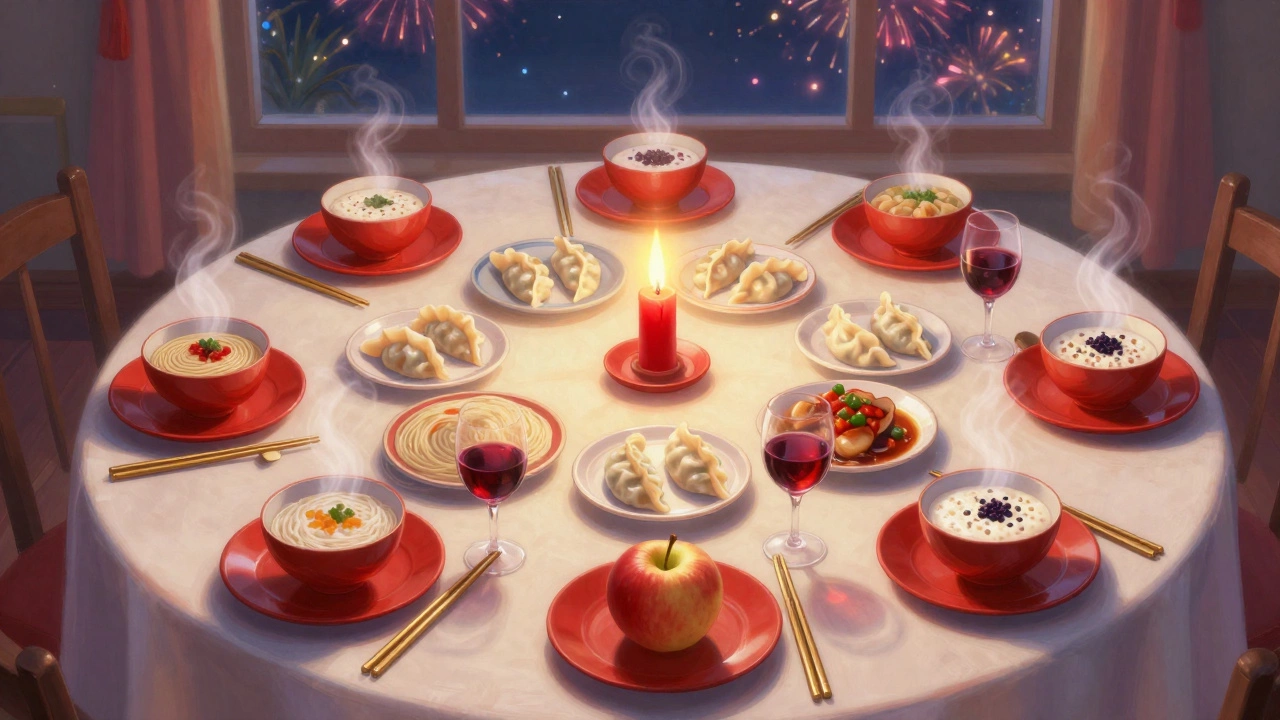 Вид сверху на круглый стол с красной посудой, свечой и традиционными блюдами для Года Дракона.